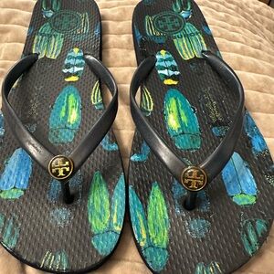 Tory Burch Black and Green Patterned Flip Flops